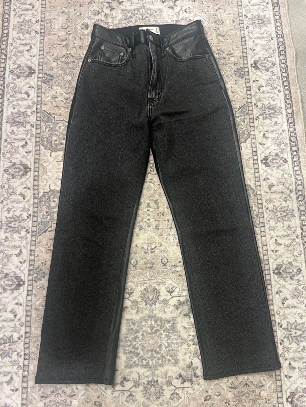 Abercrombie & Fitch Black Straight Jean with Faux Leather back. 4/27